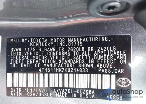 2019 Toyota Camry Se from USA, damaged, VIN 4T1B11HK7KU214833